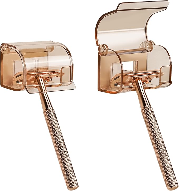 LUEXBOX 2 Pack Razor Holder with Cover for Shower Wall, Self Adhesive Razor Stand Shaver Organizer, Plastic Razor Hanger Hooks Compatible with Fusion 5 Proglide, Mach 3 Classic (Clear Brown)
