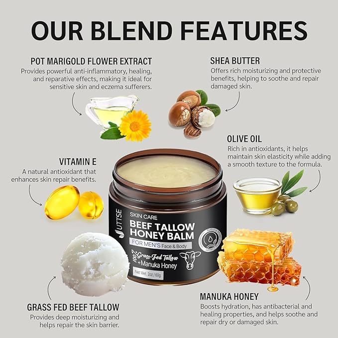 Men's Beef Tallow for Skin Care:100% Grass-Fed Beef Tallow Face Moisturizer For Men - Tallow and Honey Balm With Olive Oil Manuka Honey For Sensitive Dry Skin Repair 2 oz
