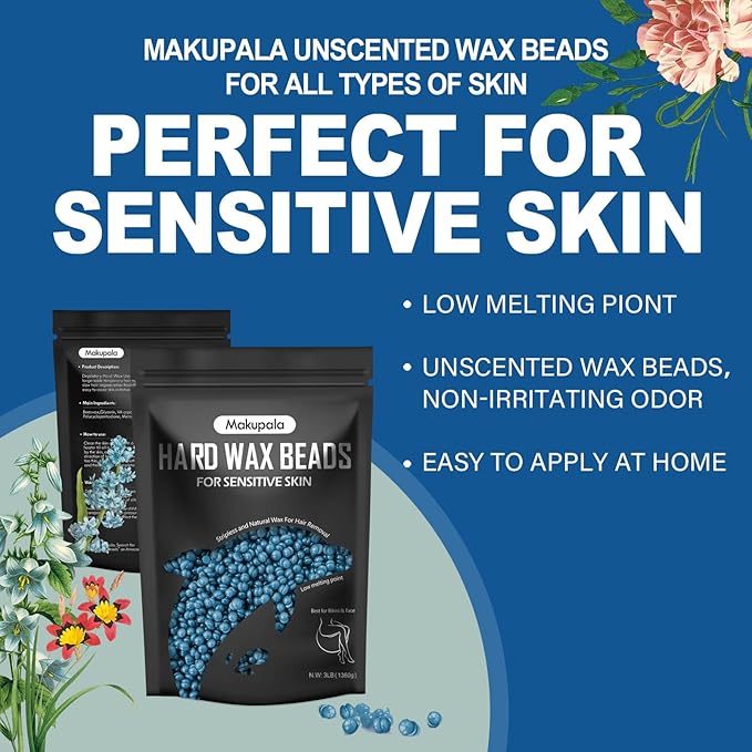 3lb Hard Wax Beads Bulk, Hypoallergenic Brazilian Waxing Bead, Unscented Sensitive Skin Stripless Wax Pellets, Coarse & Fine Hair Removal Wax Refill for Body, Face, Bikini Line, Underarm, Chest, Legs
