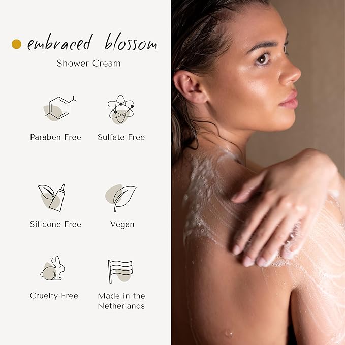Embraced Blossom Shower Cream | Dutch Made & Formulated | Natural, Vegan, Paraben Free & Cruelty Free | Moisturizing Body Wash for All Skin Types | Orange Blossom & Jasmine Scent | 200 ml