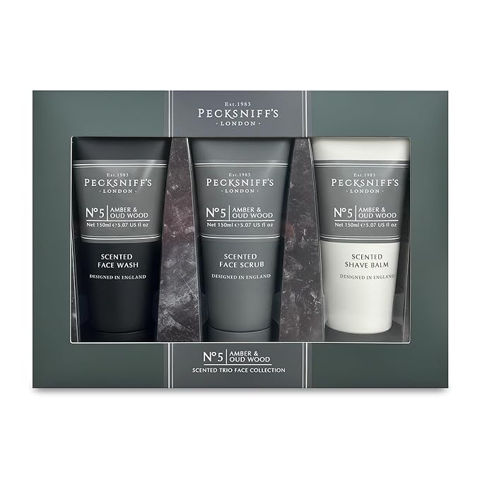 Pecksniff’s Men’s Trio Collection – Amber & Oud Wood – Face Wash, Scrub & Shave Balm Gift Set, 3 x 75ml