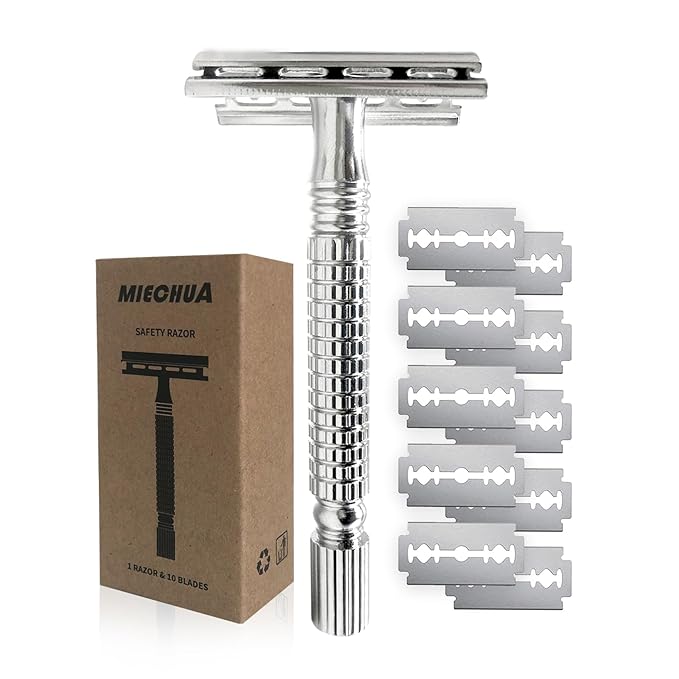 Safety Razor for Men and Women, Reusable Metal Razors, with 10 Platinum Safety Razor Blades, Face Razors for Men Shaving, Sustainable Hair removal and shaving cleaning tools, Metallic Silver