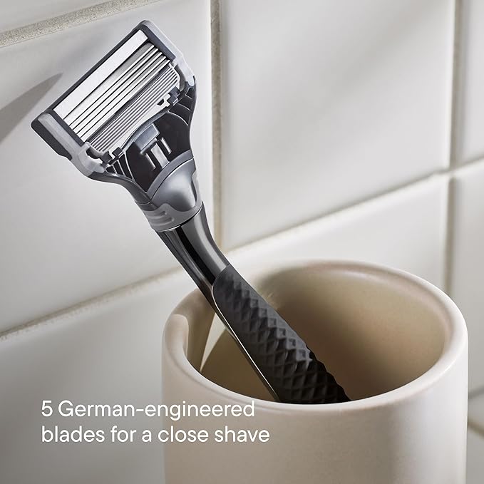 Harry's Original Shaving Kit for Men - Razor Handle, 5 Razor Blade Refills, Foaming Shave Gel, and Travel Blade Cover - German Engineered - Charcoal