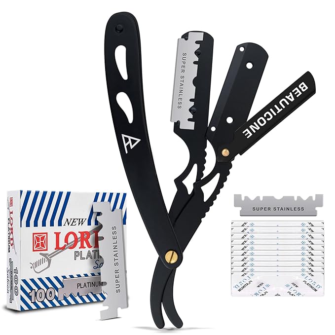 BEAUTICONE Straight Razors for Men, Straight Edge Razor, 100 SingleEdge Blades, Stainless Steel, Barber Razor for Men's Shaving, Barber Shaving Knife, Swinglock