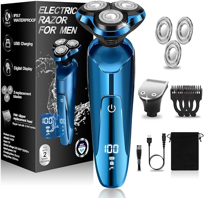 Mens Electric Shaver, 4D Floating Head High-Speed Motor IPX7 Waterproof, Fast Charging Cordless Electric Razor with Pop-Up Trimmer & Replaceable Blades