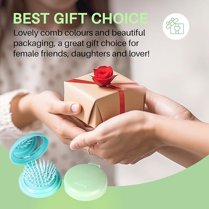 RHOS Folding Brush with Mirror - Compact, Portable and Foldable for Travel, Suitable for Women, Men, and Kids (Green)