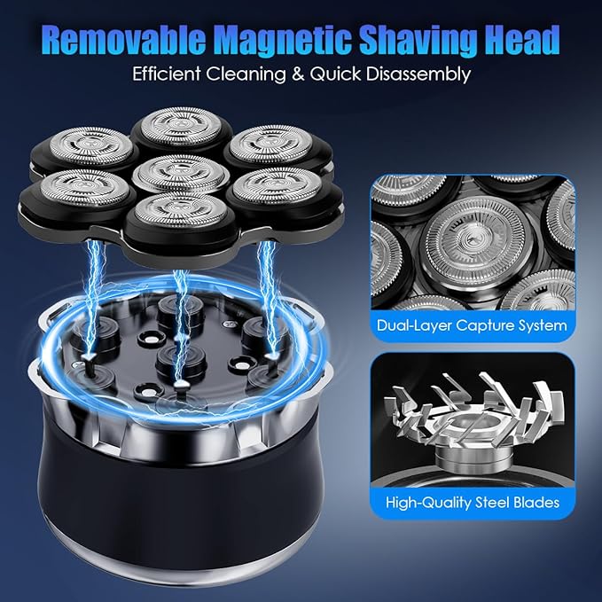 Head Shavers for Bald Men, 7D Floating Electric Razor with Magnetic Detachable Head, Smooth Close Shave for Head & Face, IPX7 Waterproof Wet/Dry, LED Display, Travel Lock, USB-C Fast Charging