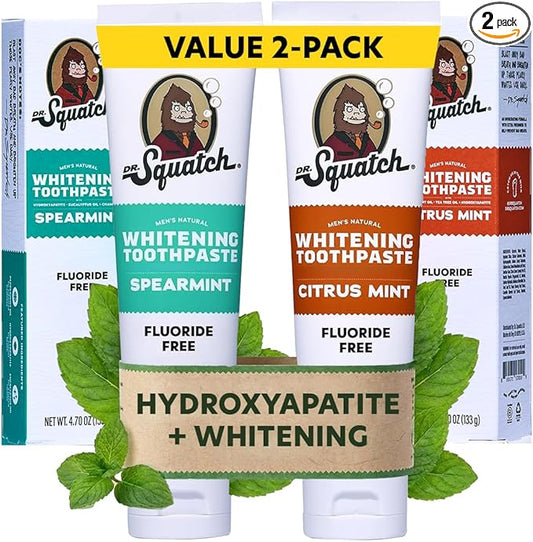 Dr. Squatch Hydroxyapatite Whitening Toothpaste - Natural, Fluoride-Free - Enamel Support - Day & Night Set - Citrus Mint & Spearmint, (4.7 oz, 2-Pack)