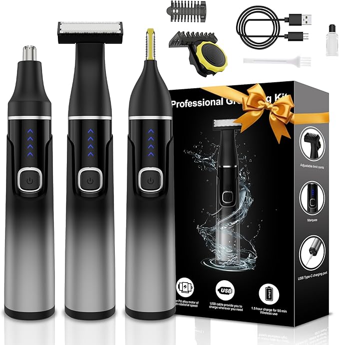RUIM 3-in-1 Men's Body Groomer - Waterproof Electric Shaver for Groin, Chest, Back & Body Hair, with Nose & Eyebrow Trimmer Attachments for Painless Wet/Dry Use