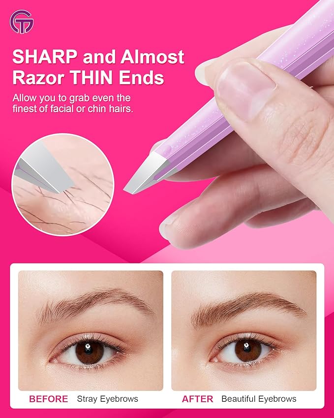Expert Eyebrow Hair Removal Tweezer with Leather Case, GlamTweeler High Precision Slant Tip Stainless Steel Tweezers for Men and Women (Sparkle Baby Pink)