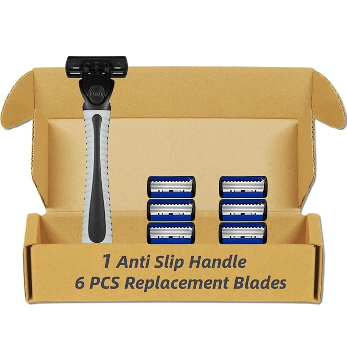 6-Blade Razor for Men, Men's Razors Set Includes Handle & Blade Refills, Precision Manual Beard Trimmer Safety Men Shaving Essentials Kit Travel Face Cleansing Shaver (1 Razor + 6 Blades)