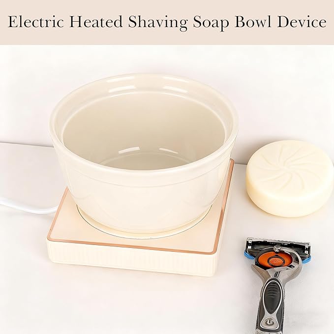 Linkidea Heated Shaving Soap Bowl for Men, Electric Shave Cream Warmer Maintains Warm Temperature, Wet Razor Shave Cream Bowl Accessories (Beige)