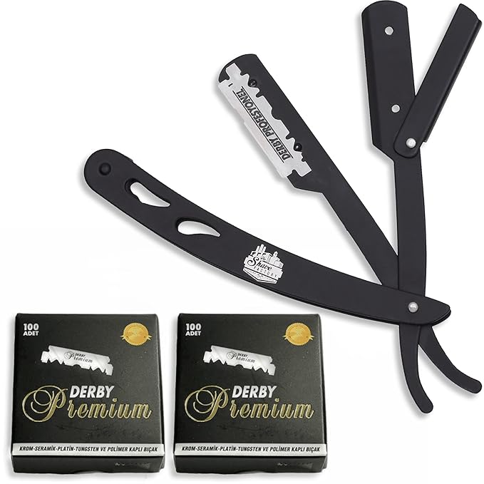 the shave factory Straight Edge Razor Kit - with Single | Stainless Steel razors for men from (Black / 200 Derby Premium Blades)