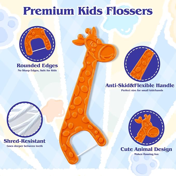 120 Count Kids Flossers,Fun Floss Sticks Fluoride & PFA Free Toothpick Flossing Sticks,4 Cute Animal-Shaped Dental Floss Picks for Kids,Non Toxic Floss with Anti-Slip Handle