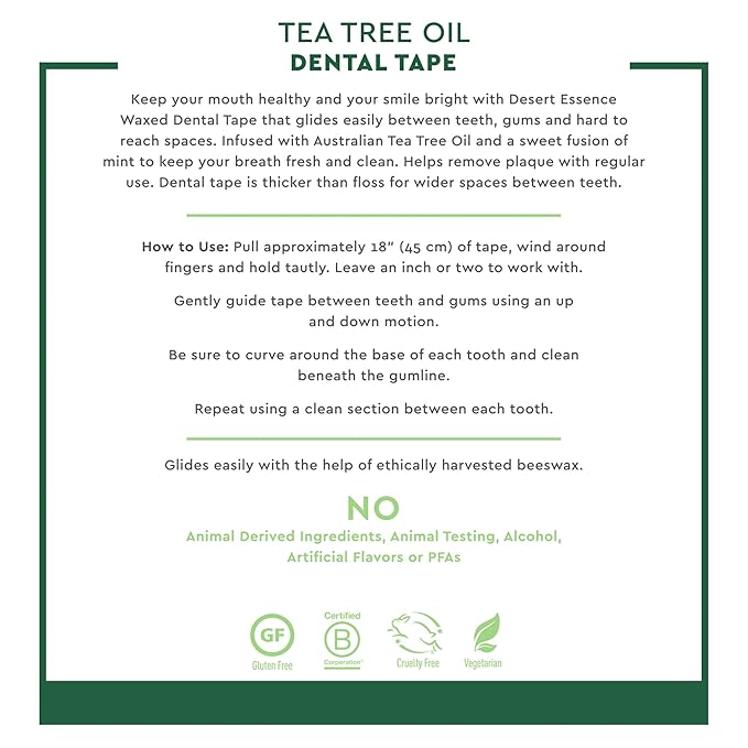 Desert Essence Tea Tree Oil Dental Tape - 30 Yards - Pack of 2 - Naturally Waxed w/Beeswax - Thick Flossing No Shred Tape - On The Go - Removes Food Debris Buildup - Cruelty-Free Antiseptic