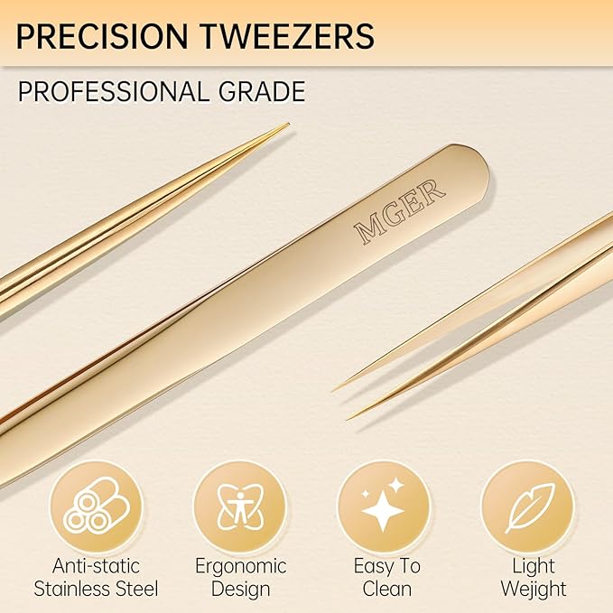 MGER Isolation Tweezers for Eyelash Extensions - Straight & Pointed Isolation Tweezers for Individual Lashes, Effortless Application with Precision Tweezers, Gold