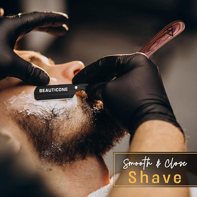 BEAUTICONE Straight Razors for Men, Straight Edge Razor, 100 Single Edge Blades, Stainless Steel, Barber Razor for Men's Shaving, Barber Shaving Knife, Wooden, Swinglock