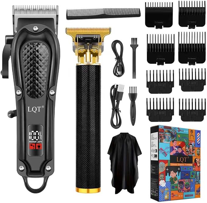 LQT® Men's Professional Hair Clippers Kit，Cordless & Corded Barber Clippers Set，Grooming Rechargeable Beard Trimmer with Adjustable Blade Black