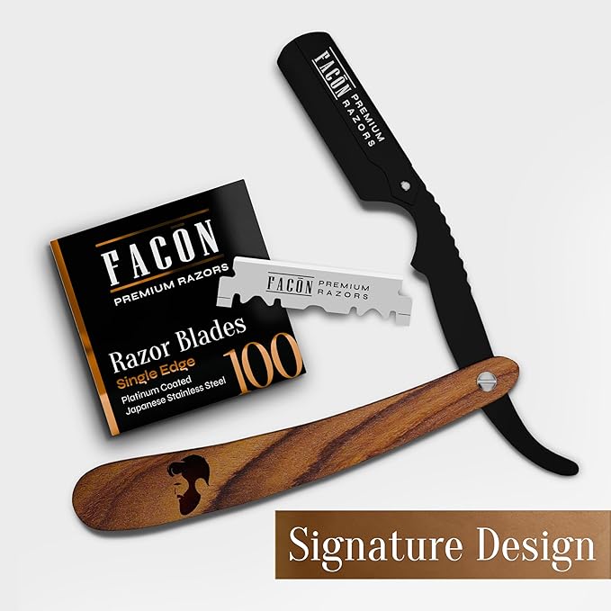 Facón Straight Razors for Men - Professional Barber Straight Edge Razor Kit with 100 Blades, Wooden Stainless Steel Barbero Shaver for a Smooth & Precise Shave, Premium Barber Razor for Men's Shaving