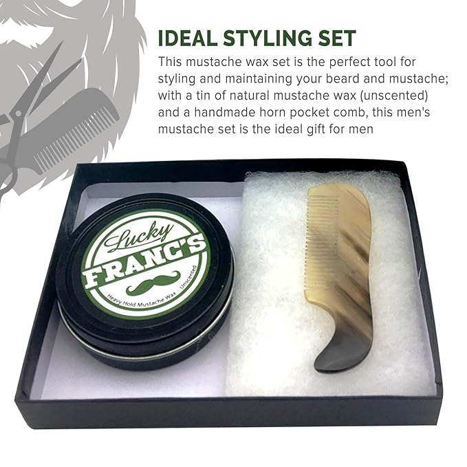Lucky Franc's 2 oz. Strong Hold Mustache Wax and Real Ox Horn Comb Grooming Set. Wax that Stache in Style. Unscented Natural Moustache Wax and Stache or Beard Comb. Handmade Gift Set for Men