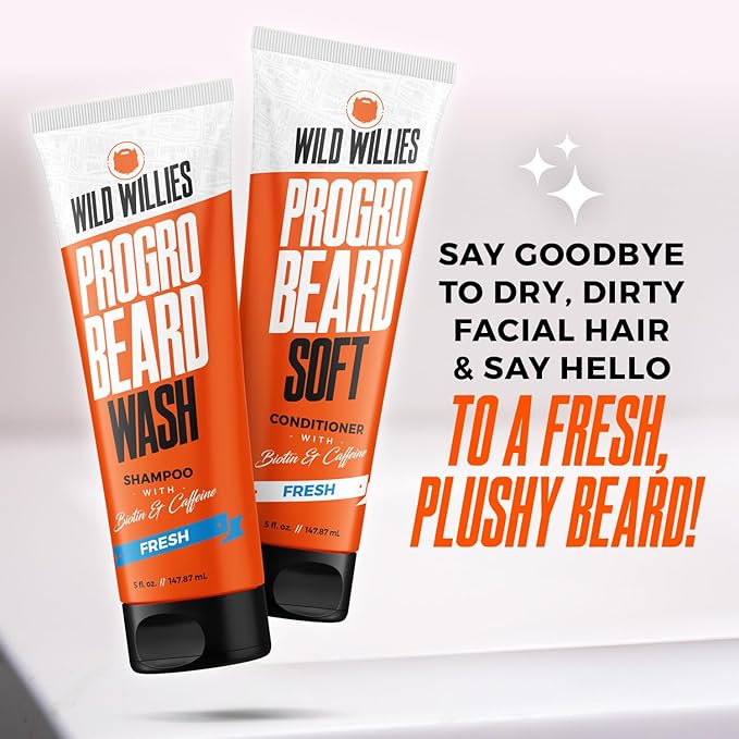 Wild Willies PROGRO Beard Shampoo and Conditioner Kit - Fortified w/Caffeine & Biotin - Strengthening, Flake-Free, Moisturizing Beard Wash and Conditioner for Men, 2 x 5oz Tubes