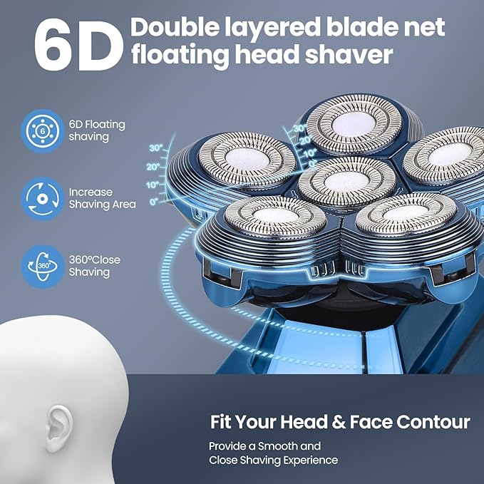 Head Shavers for Bald Men, IPX7 Waterproof Detachable Head Shaver, 6D Electric Razor for Men, 6 in 1 Wet/Dry Rechargeable LED Shaving Kit with Type-C Charge