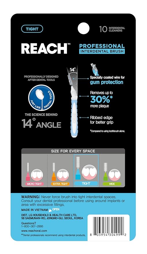 Reach Interdental Brush Cleaners, 1mm, Tight, Sensitive Gum Protection, Plaque Remover for Teeth, Braces Flossers, Braces Brush, Dental Toothbrushes, Oral Care, 1 Pack, 10 Count