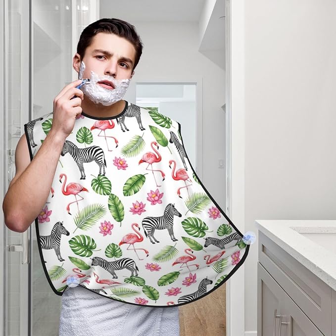 Men's Beard Maintenance Apron, Waterproof & Easy Clean, Exotic Pink Flamingo Zebra Hawaii Tropic Palm Leaf Floral Print