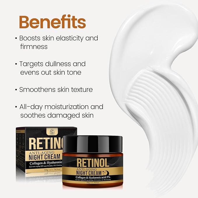 Retinol Anti-Aging Night Cream with Collagen & Hyaluronic Acid, Night Anti-Wrinkle Face Moisturizer for Men, Smooth Fine Lines, Tightening & Hydrating Men's Routine Skincare, 50g/1.76oz