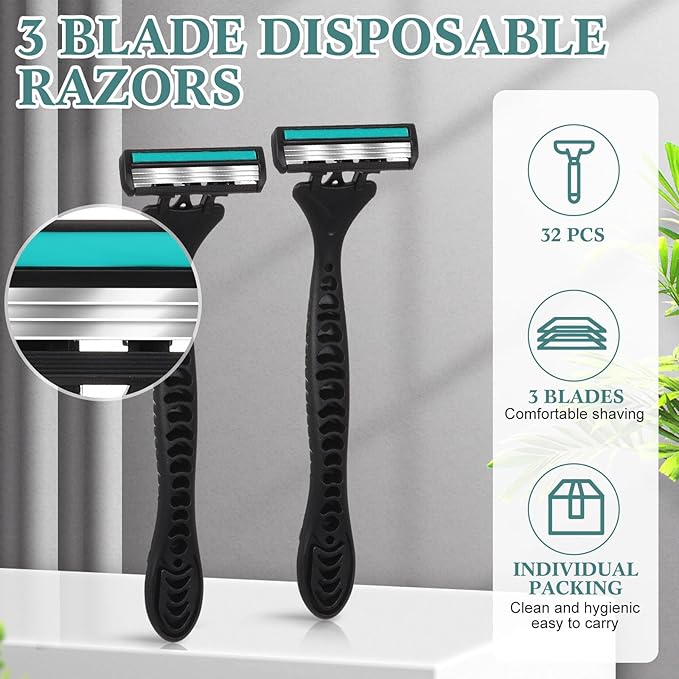 32 Pcs Men's Disposable Razors Bulk 3 Blade Shaving Razors for Sensitive Skin Comfortable Head Shave Valentine Gifts