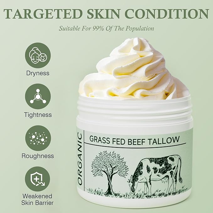 Beef Tallow, Beef Tallow for Skin, Moisturizer for Dry Skin, Unscented Beef Tallow Blam Grass Fed Whipped Tallow Face Cream Nourishing Soothing Moisturizer Body Lotion Skin Care, 4 Packs