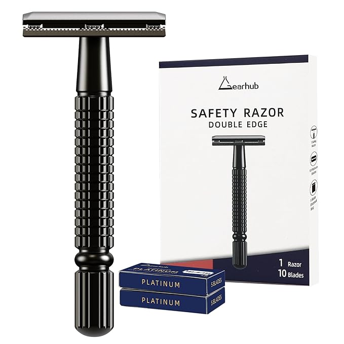 Gearhub Double Edge Safety Razor Reusable Stainless Metal Wet Shaving Razor with 10 Swedish Platinum Blades for Men Women Barber Bikini Armpit Hair, Matte Black GR131