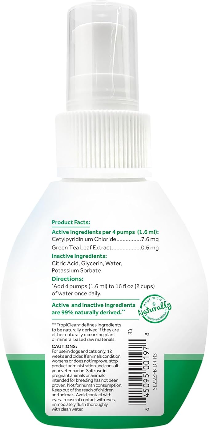 TropiClean Fresh Breath Water Additive Concentrate for Dogs | Breath Freshener and Teeth Cleaning Solution | No Brushing Required | 2.2oz.