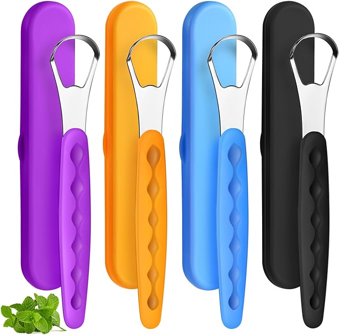 4 Pcs Tongue Scraper Cleaner Adults and Kids Stainless Steel Tongue Brush Metal Scraper Reduce Bad Breath with Travel Cases for Men Women Oral Mouth(Purple, Orange, Blue and Black)