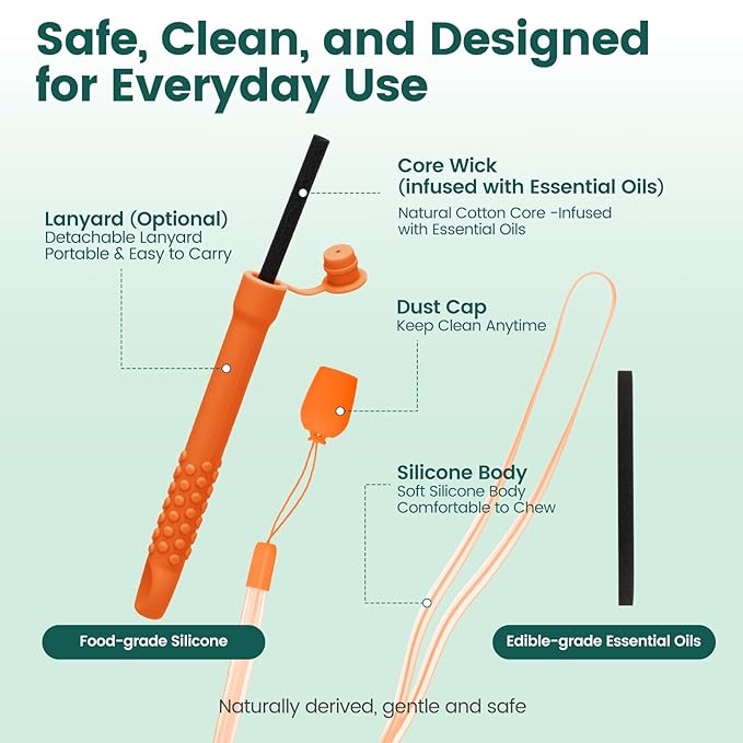 Chewable Silicone Aroma Sticks with Essential Oils for Stress Relief & Fresh Breath, Improving Pen Biting & Smoking Habits.(Orange)