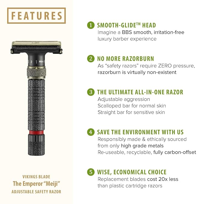 VIKINGS BLADE Adjustable Double Edge Safety Razor + Luxury Case. Smooth, Reusable, Eco-Friendly (The Emperor “Meiji”)