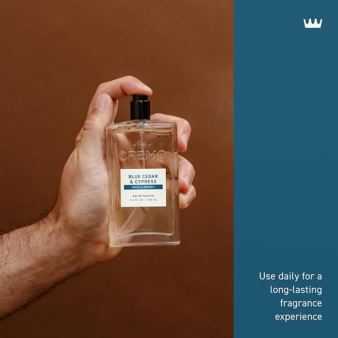 Cremo Cologne For Men - Blue Cedar & Cypress Mens Cologne Spray, A Woodsy Scent with Notes of Lemon Leaf, Cypress and Cedar, Multi-Layered Signature Men's Fragrances, 3.4 Fl Oz