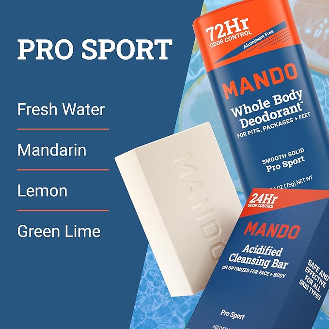Mando Whole Body Deodorant Two Piece System - 2.6 oz Smooth Solid Stick & 5.0 oz 4 in 1 Acidified Cleansing Bar - Aluminum & Baking Soda Free Odor Control - Doctor Developed - 2 pc Bundle (Pro Sport)