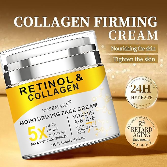 Retinol Cream for Face with Collagen and Hyaluronic Acid - Anti Aging Wrinkle Cream for Women and Men - Day and Night Facial Moisturizer for Tightening and Skin Firming - Crema Hidratante Para la Cara