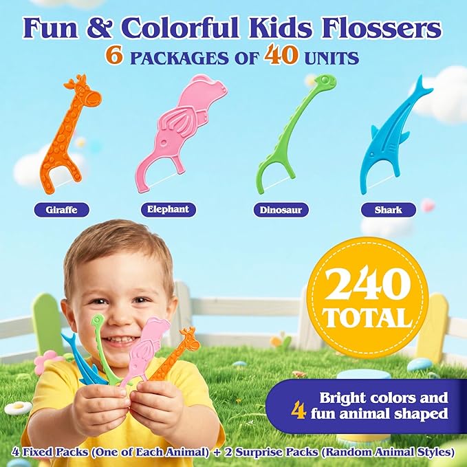 240 Count Kids Flossers,Fun Floss Sticks Fluoride & PFA Free Toothpick Flossing Sticks,4 Cute Animal-Shaped Dental Floss Picks for Kids,Non Toxic Floss with Anti-Slip Handle