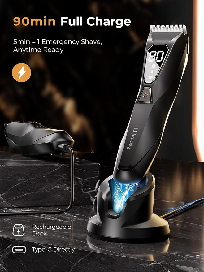 Body Hair Trimmer for Men: Pubic Hair Trimmer with Wireless Charging & 4000K LED Display, Waterproof Wet Dry Body Groomer for Face Legs, 90Min, Ceramic Blade
