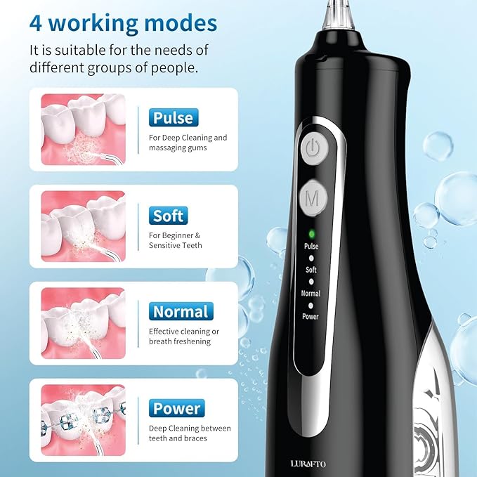 Black Cordless Water Flosser for Teeth | Portable Oral Irrigator with 4 Modes | IPX7 Waterproof, Rechargeable, 300ml Water Tank for Everyday Oral Care & Travel