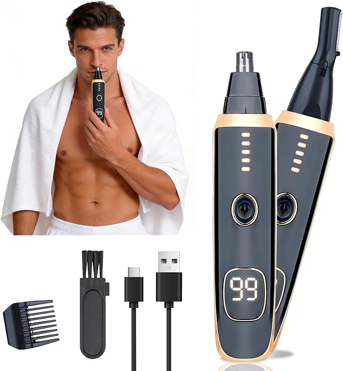 Nose and Ear Hair Trimmer for Women Men,2 in 1 LED Display Eyebrow Hair Trimmer with USB Rechargeable,Portble Waterproof Facial Hair Removal with Dual-Edge Blades for Travel (Black Gold)