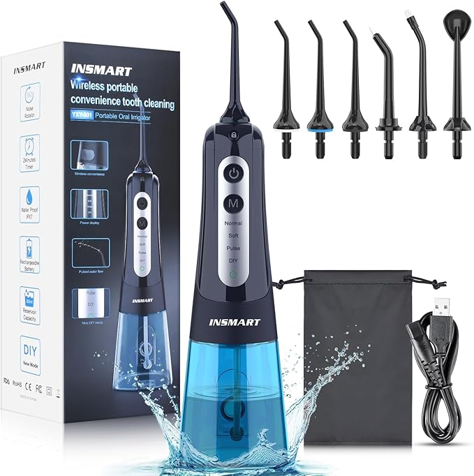 INSMART Water Flosser for Teeth: Cordless Dental Electric Flosser for Oral Care,Rechargeable Floss DIY Mode IPX7 Waterproof,Portable Travel Flossers Set for Teeth Cleaning with 4 Modes