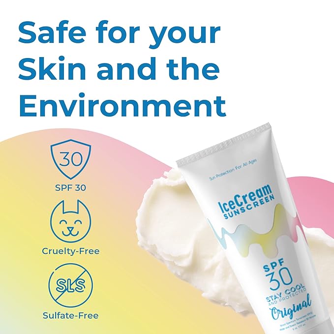 IceCream Sunscreen SPF30 Broad Spectrum for Body & Face Sunblock, Moisturizer, Water & Sweat-Resistant, Sulfate-Free, Paraben-Free, Reef-Friendly & Animal Cruelty-Free, 6oz (177ml) - Original