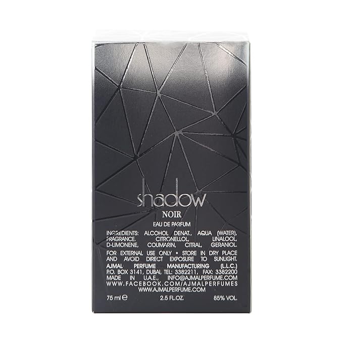 Ajmal Shadow Noir Eau de Parfum 2.5 oz / 75 ml Perfume for Men & Women | Long-Lasting Woody Amber Fragrance with Lavender, Patchouli & Musk | Dubai Made Vanilla Perfume