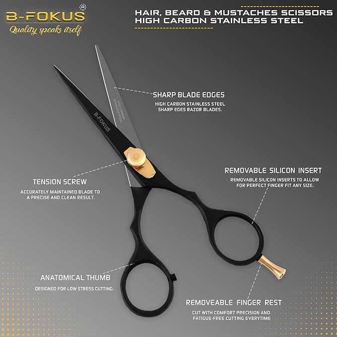 5.5” Hair Cutting Scissors for Hair, Mustache & Beard - Black Mustache and Beard Scissors for All Type Facial Hairs, Beard and Mustache Scissors with Pouch, Tweezers, Beard Comb and Mustache Comb.