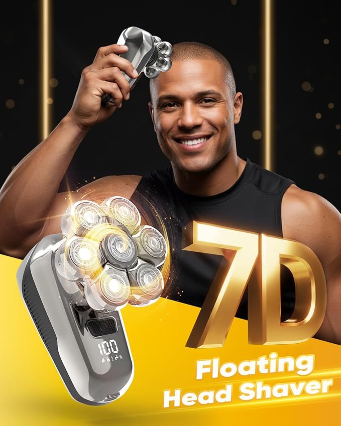 Head Shaver for Bald Men, 7D Floating Bald Head Shaver 5-in-1 Grooming Kit, Wet/Dry Electric Razor with LED Display, Turbo Speed, Magnetic Detachable Blades, IPX6 Waterproof, Type-C Rechargeable