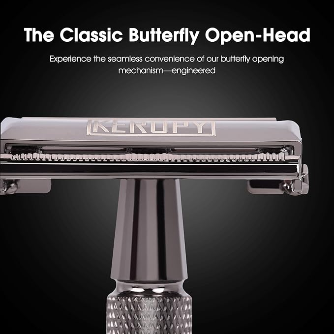 Double Edge Safety Razor for Men with 10 Blades, Butterfly Open Design for Close Shave - Eco-Friendly Metal Razor, Premium Gift for Dad, Husband - Modern Shaving Kit - Gloss Black