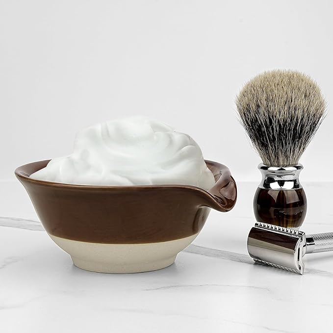 Linkidea Ceramic Shaving Bowl, Shaving Soap Lather Mug Cup for Men, Wide Mouth Barber Beard Wet Razor Shave Cream Cup, Brown